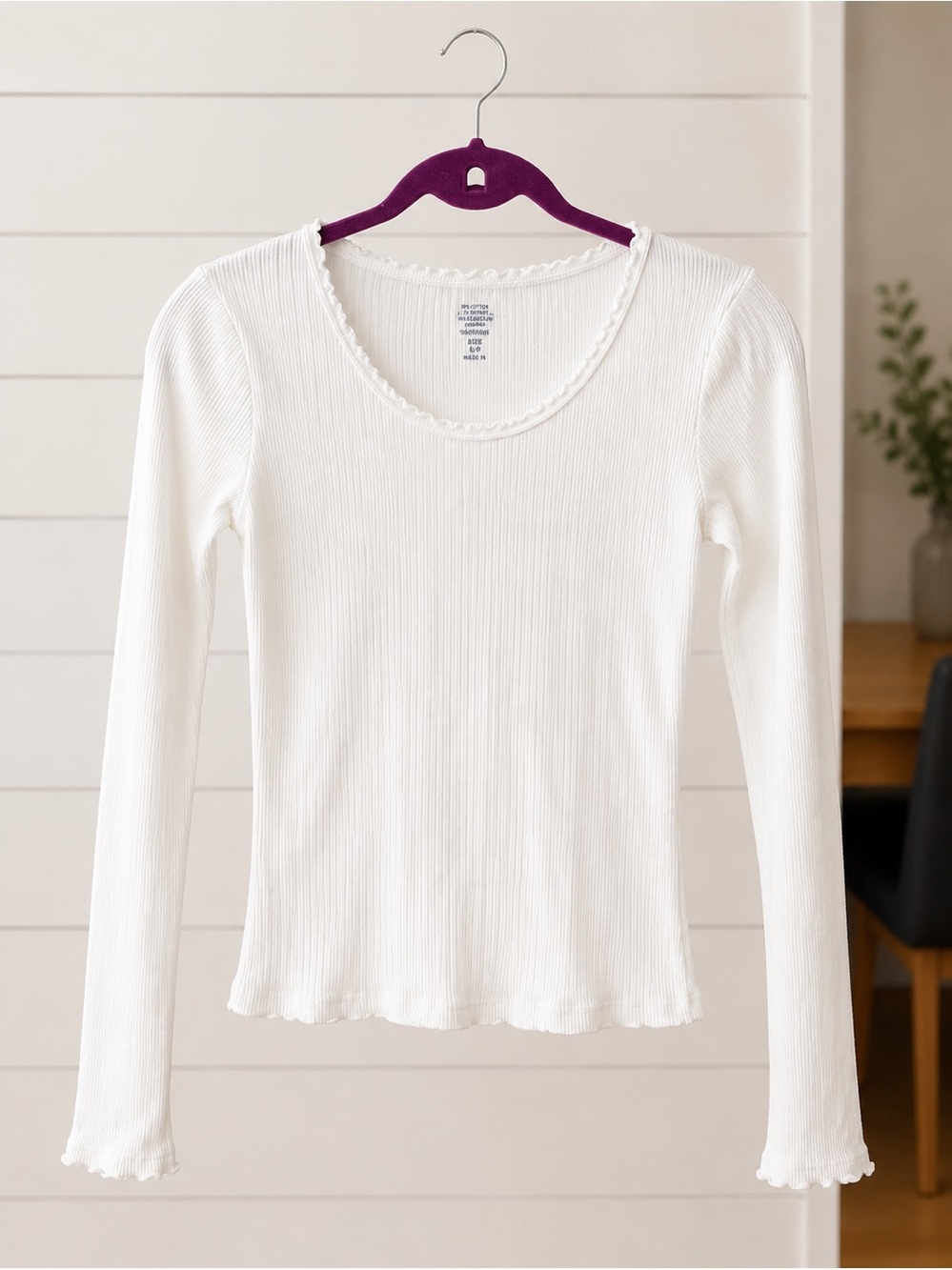Brandy Melville White Ribbed Long Sleeve Scoop Neck Top